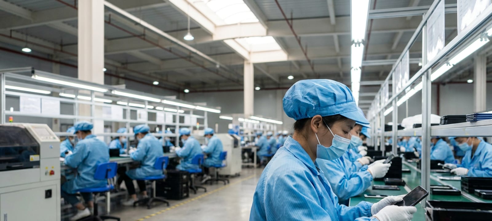 Documentary view of a modern Chinese electronics factory floor with workers assembling products at well-lit workstations