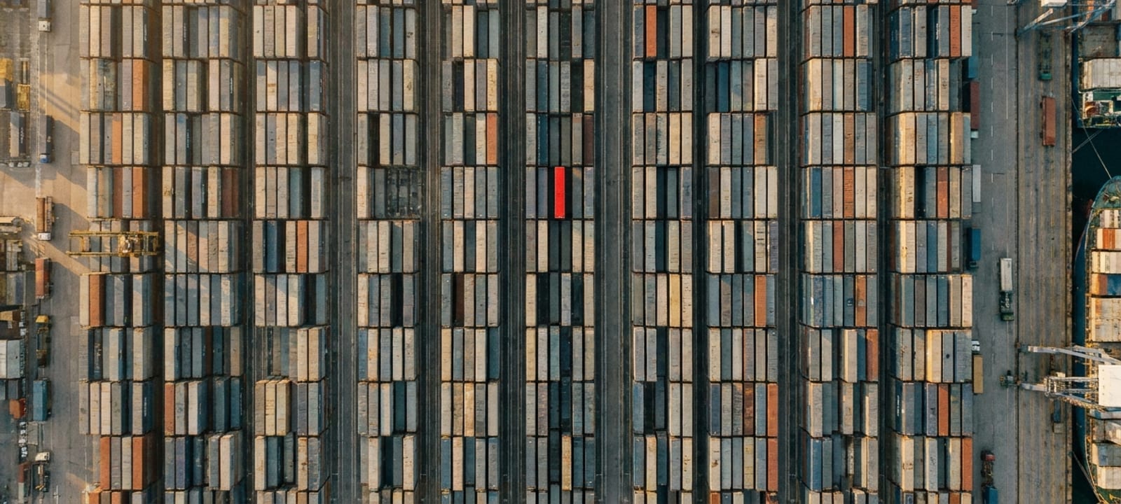 Aerial view of a container terminal with one red shipping container standing out among hundreds of muted containers
