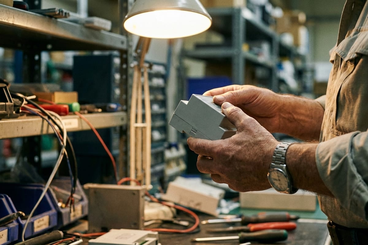 Close-up of an operator's hands inspecting a product sample under a workbench light, with tools and parts in the background